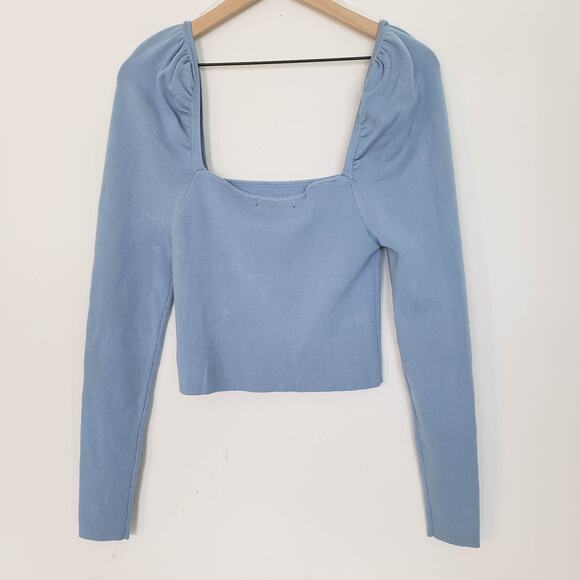 Lulus SIZE L Blue Fitted Blouse Long Sleeve Crop Top Square Neck CL21217L FLAW - Picture 13 of 15